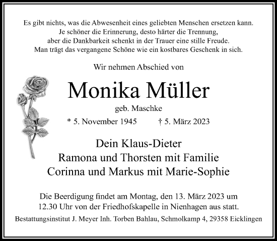 Traueranzeige von Monika Müller von Cellesche Zeitung