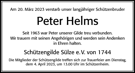 Traueranzeige von Peter Helms von Cellesche Zeitung