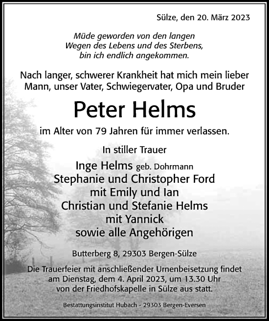 Traueranzeige von Peter Helms von Cellesche Zeitung