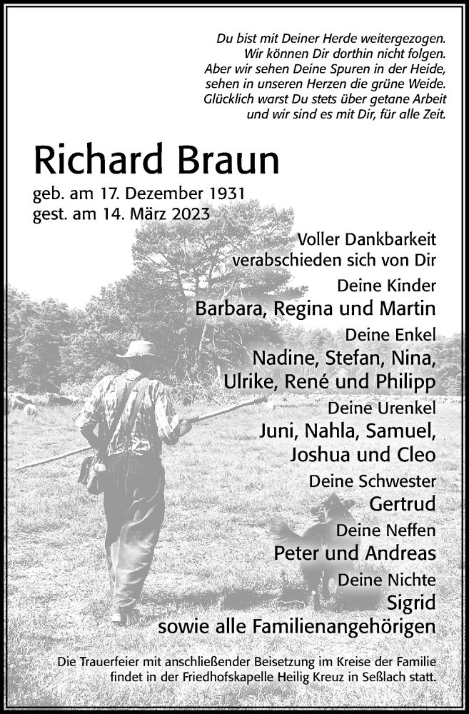  Traueranzeige für Richard Braun vom 18.03.2023 aus Cellesche Zeitung