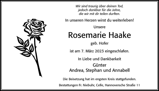 Traueranzeige von Rosemarie Haake von Cellesche Zeitung