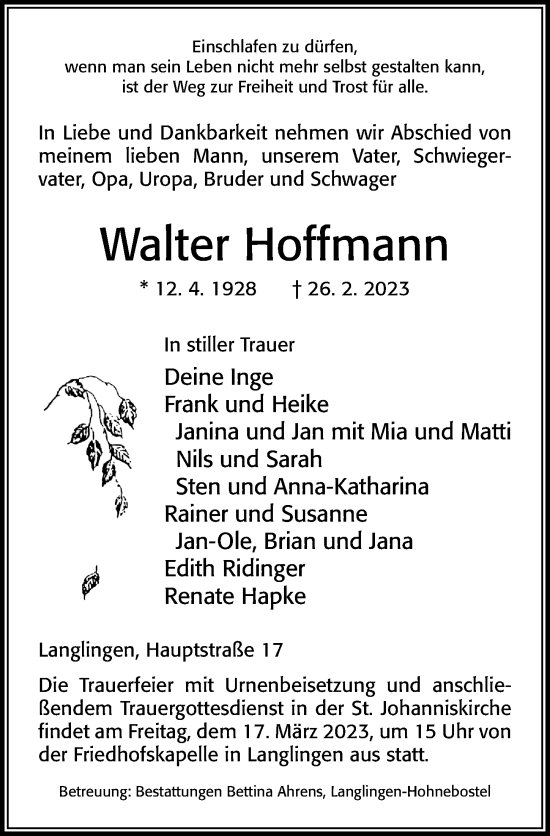 Traueranzeige von Walter Hoffmann von Cellesche Zeitung