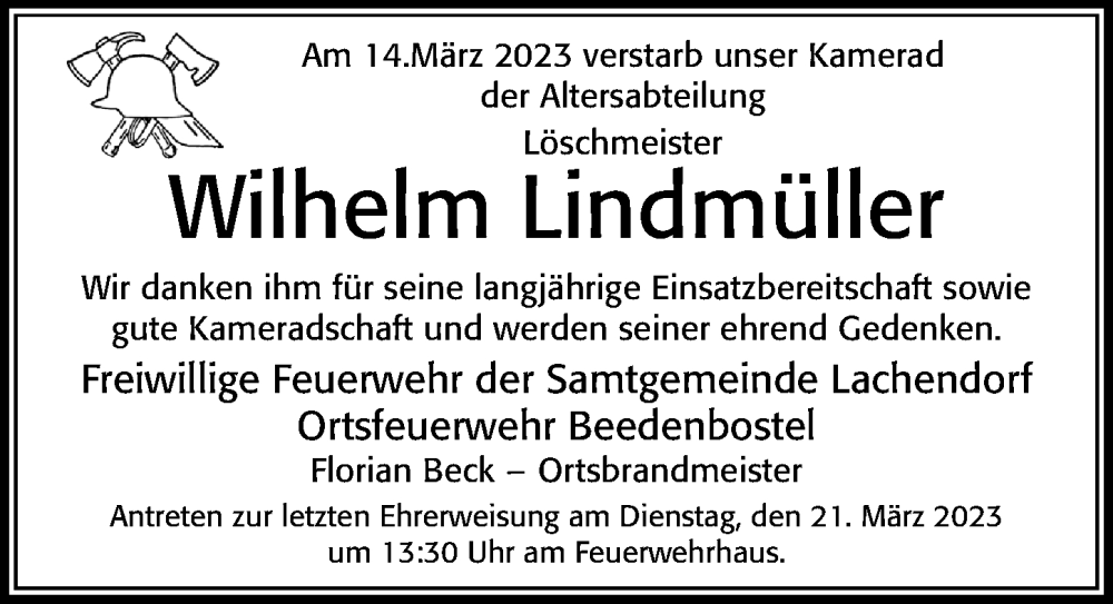  Traueranzeige für Wilhelm Lindmüller vom 18.03.2023 aus Cellesche Zeitung