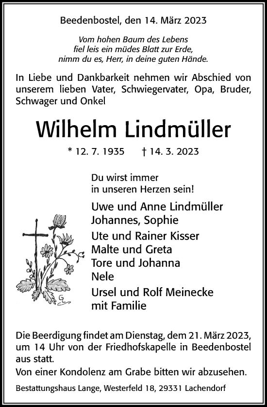 Traueranzeige von Wilhelm Lindmüller von Cellesche Zeitung