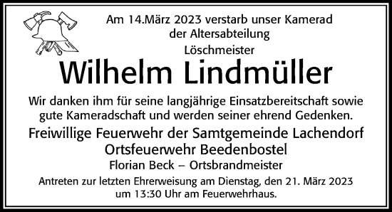 Traueranzeige von Wilhelm Lindmüller von Cellesche Zeitung