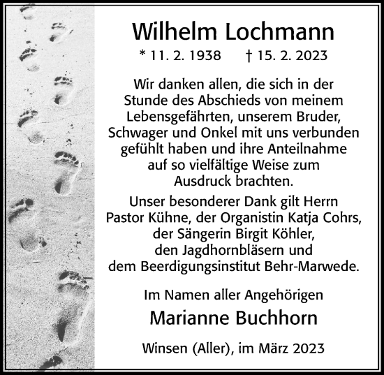 Traueranzeige von Wilhelm Lochmann von Cellesche Zeitung