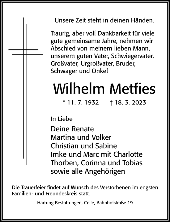 Traueranzeige von Wilhelm Metfies von Cellesche Zeitung