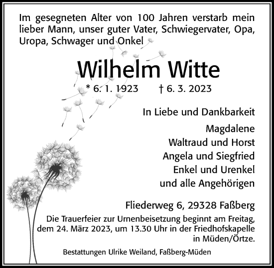 Traueranzeige von Wilhelm Witte von Cellesche Zeitung