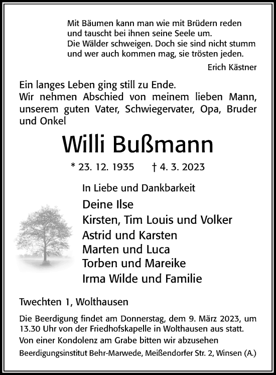 Traueranzeige von Willi Bußmann von Cellesche Zeitung