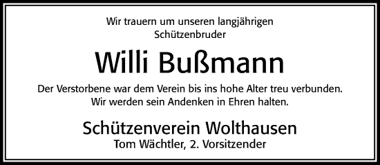 Traueranzeige von Willi Bußmann von Cellesche Zeitung