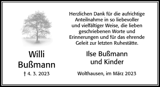 Traueranzeige von Willi Bußmann von Cellesche Zeitung