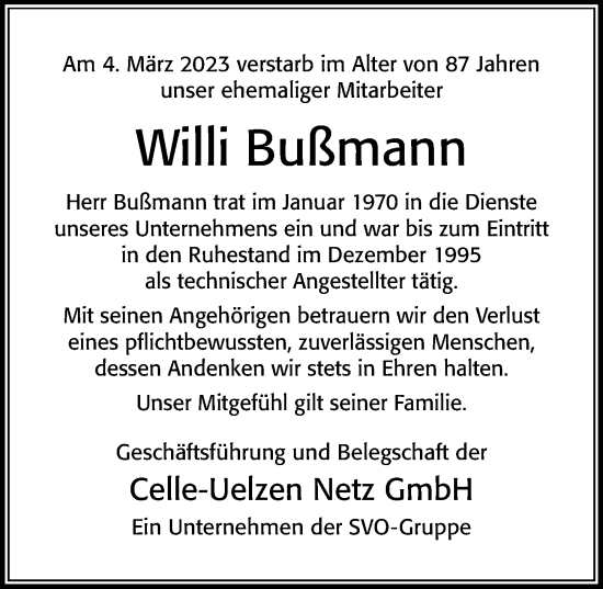 Traueranzeige von Willi Bußmann von Cellesche Zeitung