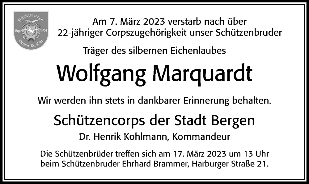  Traueranzeige für Wolfgang Marquardt vom 11.03.2023 aus Cellesche Zeitung