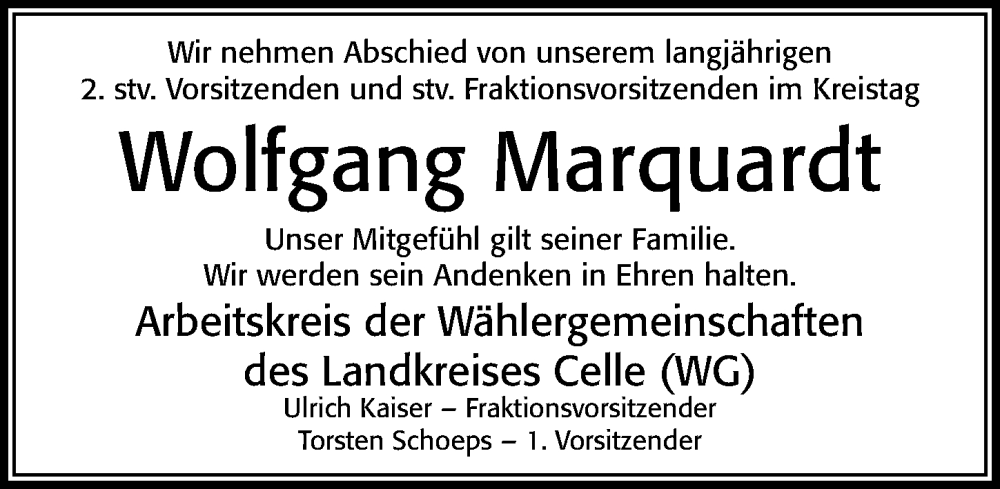  Traueranzeige für Wolfgang Marquardt vom 11.03.2023 aus Cellesche Zeitung