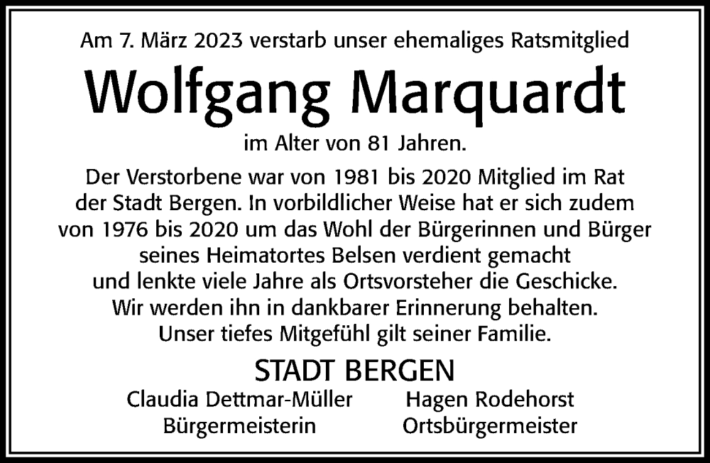  Traueranzeige für Wolfgang Marquardt vom 11.03.2023 aus Cellesche Zeitung