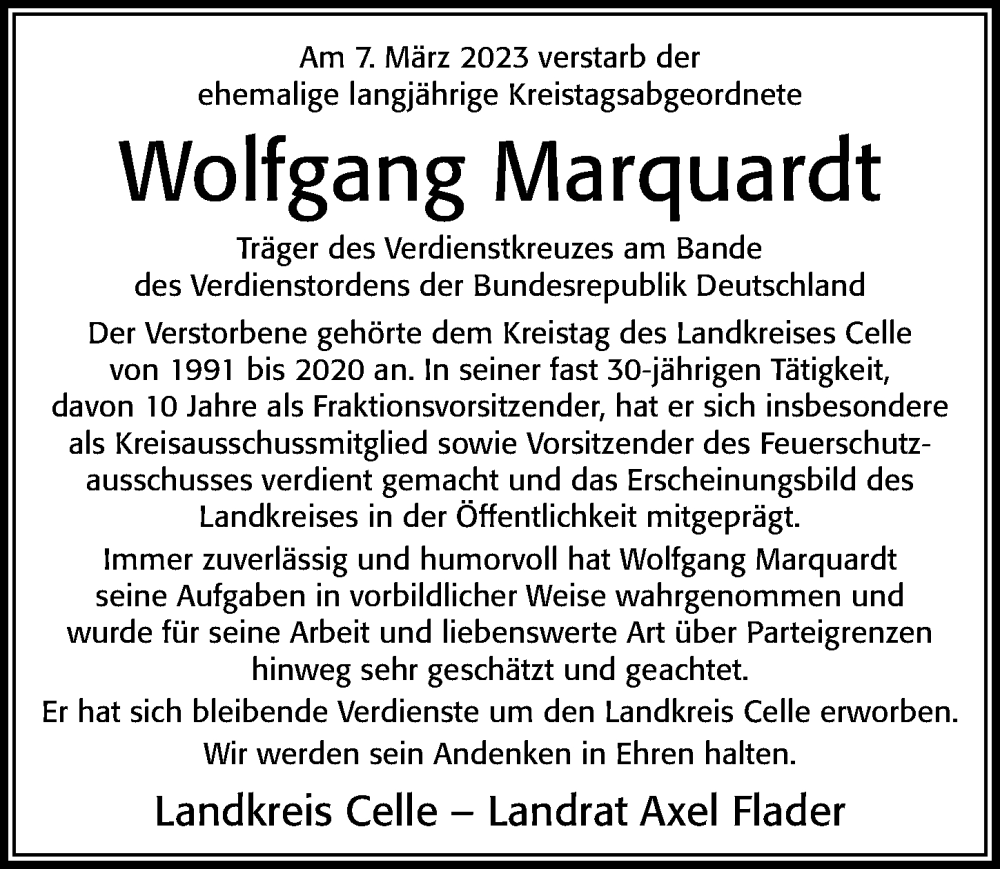  Traueranzeige für Wolfgang Marquardt vom 11.03.2023 aus Cellesche Zeitung