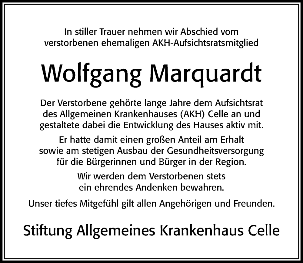  Traueranzeige für Wolfgang Marquardt vom 15.03.2023 aus Cellesche Zeitung