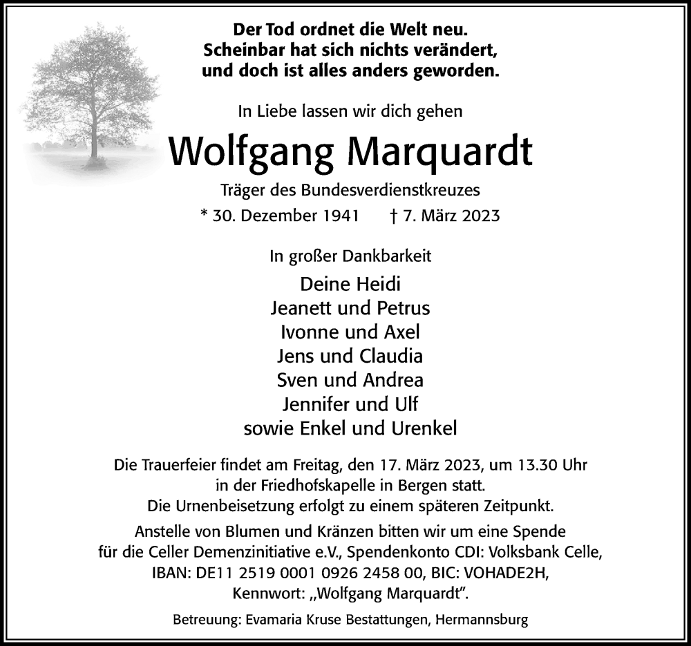  Traueranzeige für Wolfgang Marquardt vom 11.03.2023 aus Cellesche Zeitung