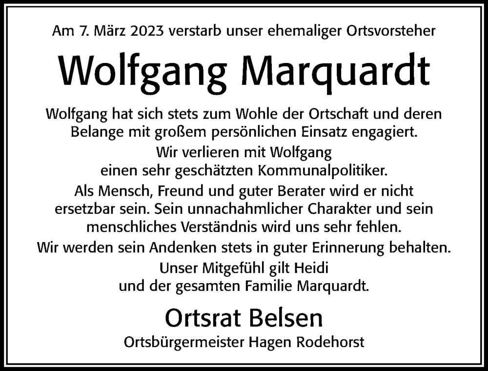  Traueranzeige für Wolfgang Marquardt vom 11.03.2023 aus Cellesche Zeitung