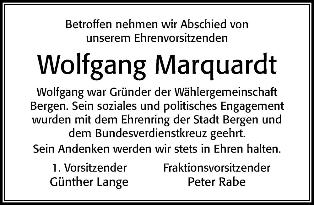  Traueranzeige für Wolfgang Marquardt vom 11.03.2023 aus Cellesche Zeitung