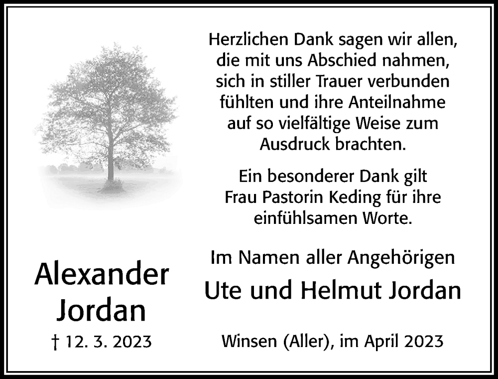  Traueranzeige für Alexander Jordan vom 22.04.2023 aus Cellesche Zeitung