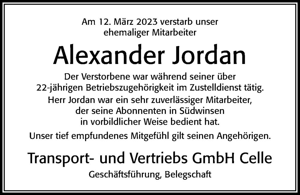  Traueranzeige für Alexander Jordan vom 06.04.2023 aus Cellesche Zeitung