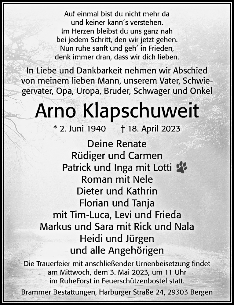  Traueranzeige für Arno Klapschuweit vom 29.04.2023 aus Cellesche Zeitung