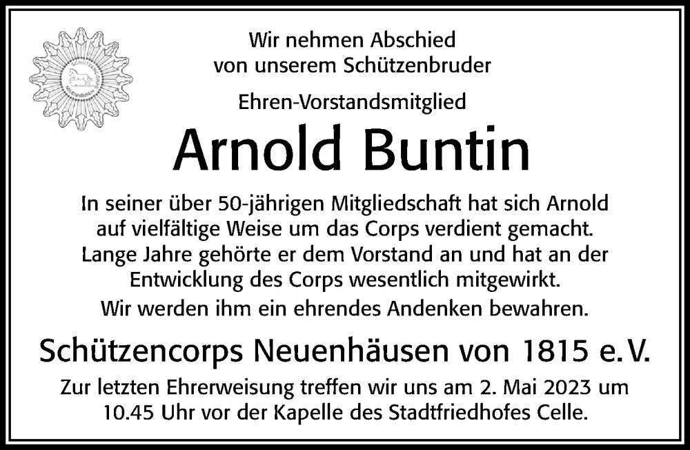  Traueranzeige für Arnold Buntin vom 19.04.2023 aus Cellesche Zeitung