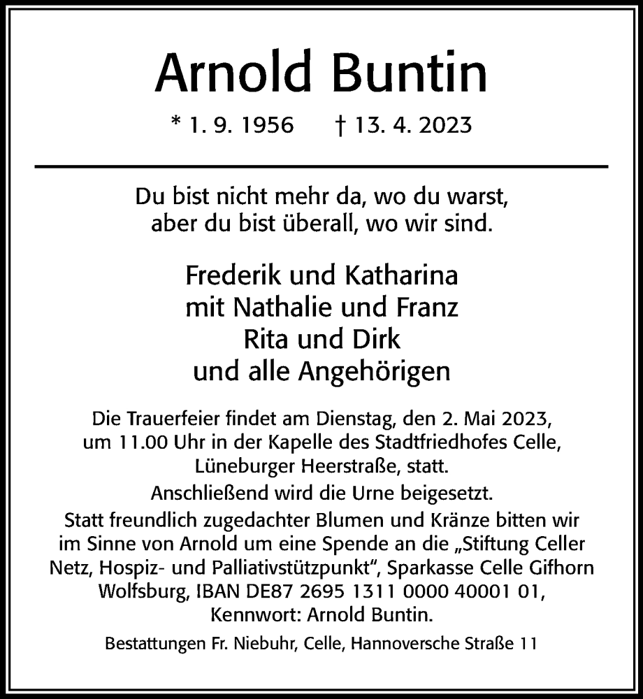  Traueranzeige für Arnold Buntin vom 19.04.2023 aus Cellesche Zeitung