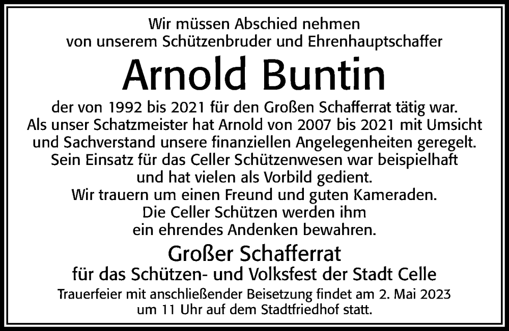  Traueranzeige für Arnold Buntin vom 19.04.2023 aus Cellesche Zeitung