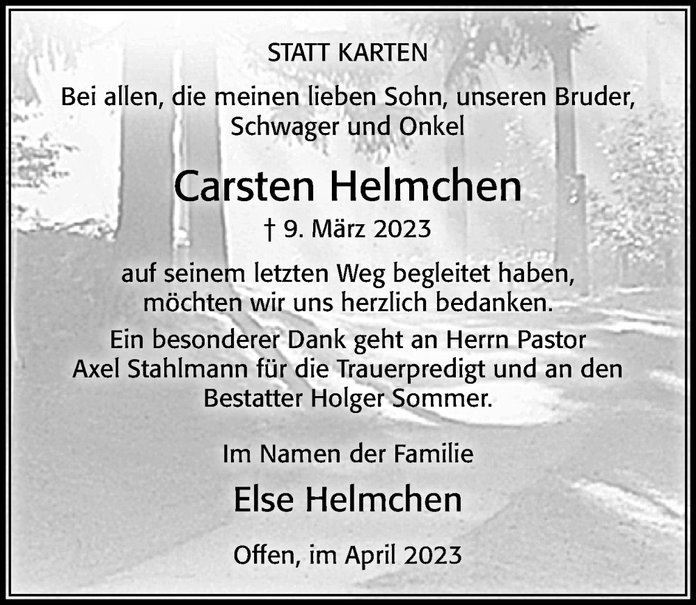  Traueranzeige für Carsten Helmchen vom 15.04.2023 aus Cellesche Zeitung