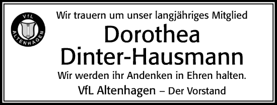Traueranzeige von Dorothea Dinter-Hausmann von Cellesche Zeitung
