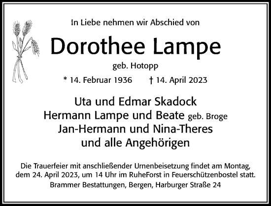 Traueranzeige von Dorothee Lampe von Cellesche Zeitung