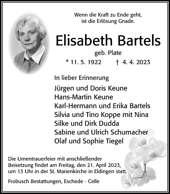 Traueranzeige von Elisabeth Bartels von Cellesche Zeitung