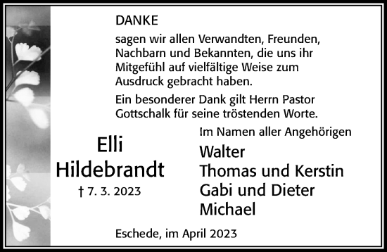 Traueranzeige von Elli Hildebrandt von Cellesche Zeitung