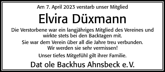 Traueranzeige von Elvira Düxmann von Cellesche Zeitung