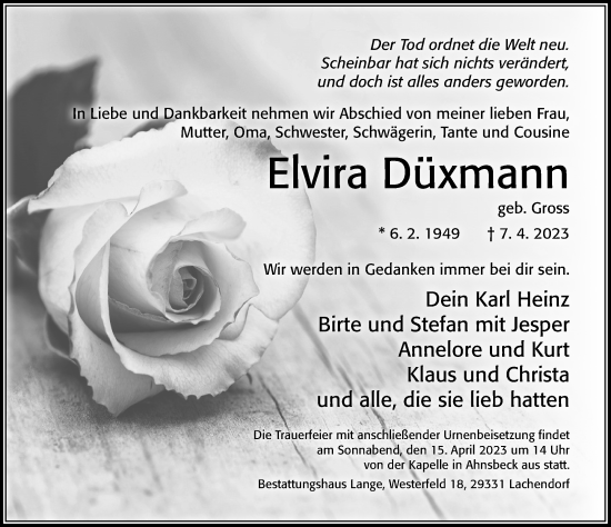 Traueranzeige von Elvira Düxmann von Cellesche Zeitung