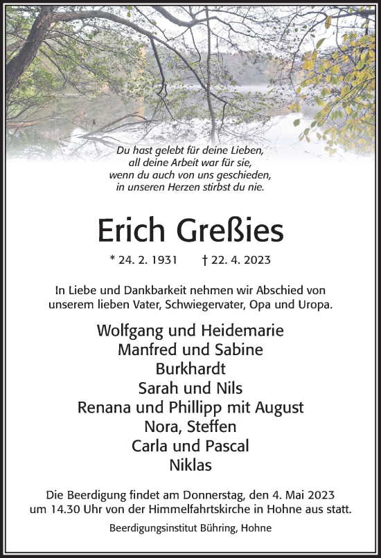 Traueranzeige von Erich Greßies von Cellesche Zeitung