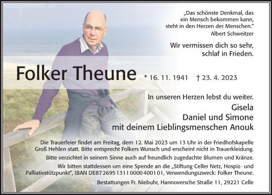 Traueranzeige von Folker Theune von Cellesche Zeitung
