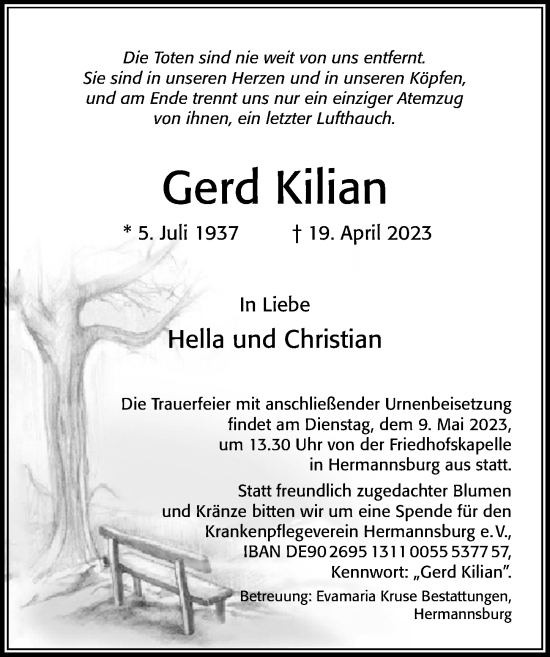 Traueranzeige von Gerd Kilian von Cellesche Zeitung
