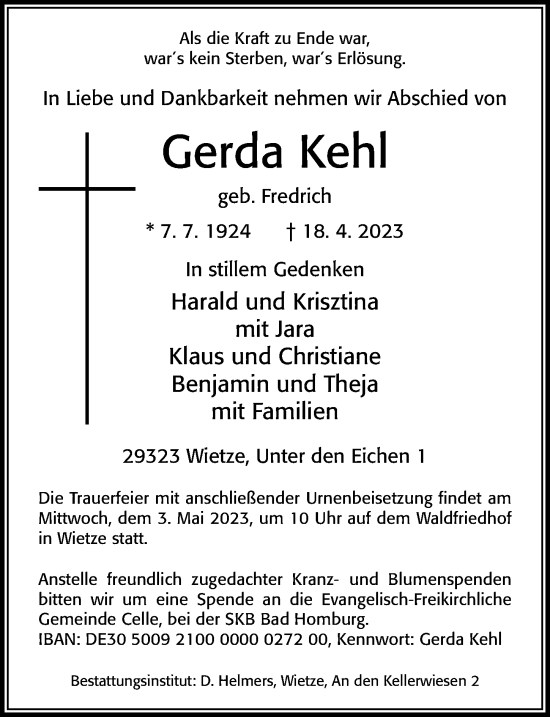 Traueranzeige von Gerda Kehl von Cellesche Zeitung