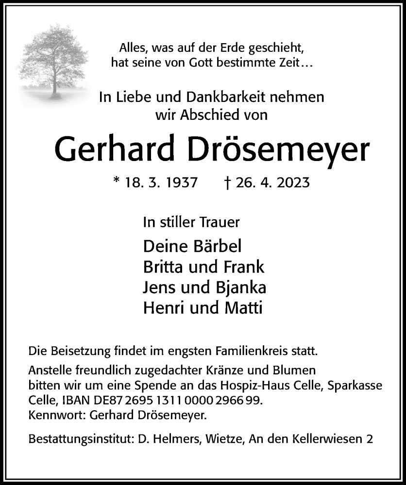 Traueranzeige für Gerhard Drösemeyer vom 29.04.2023 aus Cellesche Zeitung
