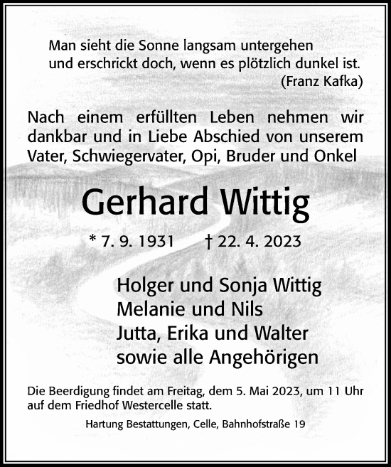 Traueranzeige von Gerhard Wittig von Cellesche Zeitung