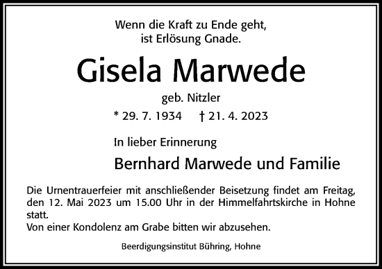 Traueranzeige von Gisela Marwede von Cellesche Zeitung