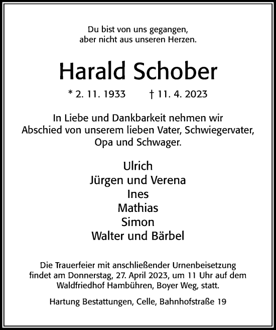 Traueranzeige von Harald Schober von Cellesche Zeitung