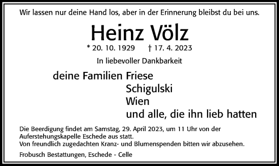 Traueranzeige von Heinz Völz von Cellesche Zeitung