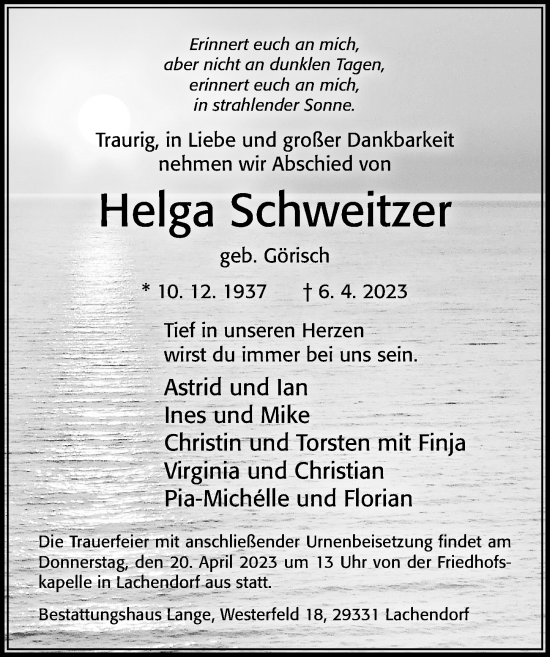 Traueranzeige von Helga Schweitzer von Cellesche Zeitung