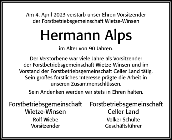 Traueranzeige von Hermann Alps von Cellesche Zeitung