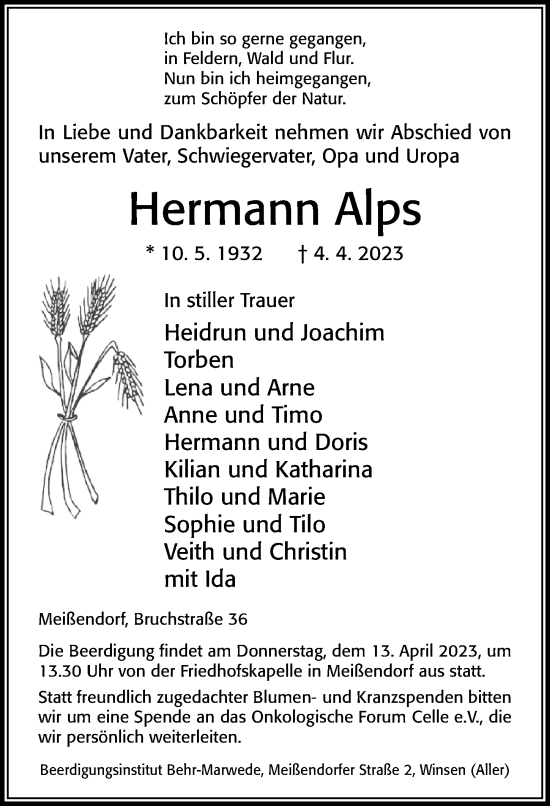 Traueranzeige von Hermann Alps von Cellesche Zeitung
