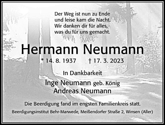 Traueranzeige von Hermann Neumann von Cellesche Zeitung